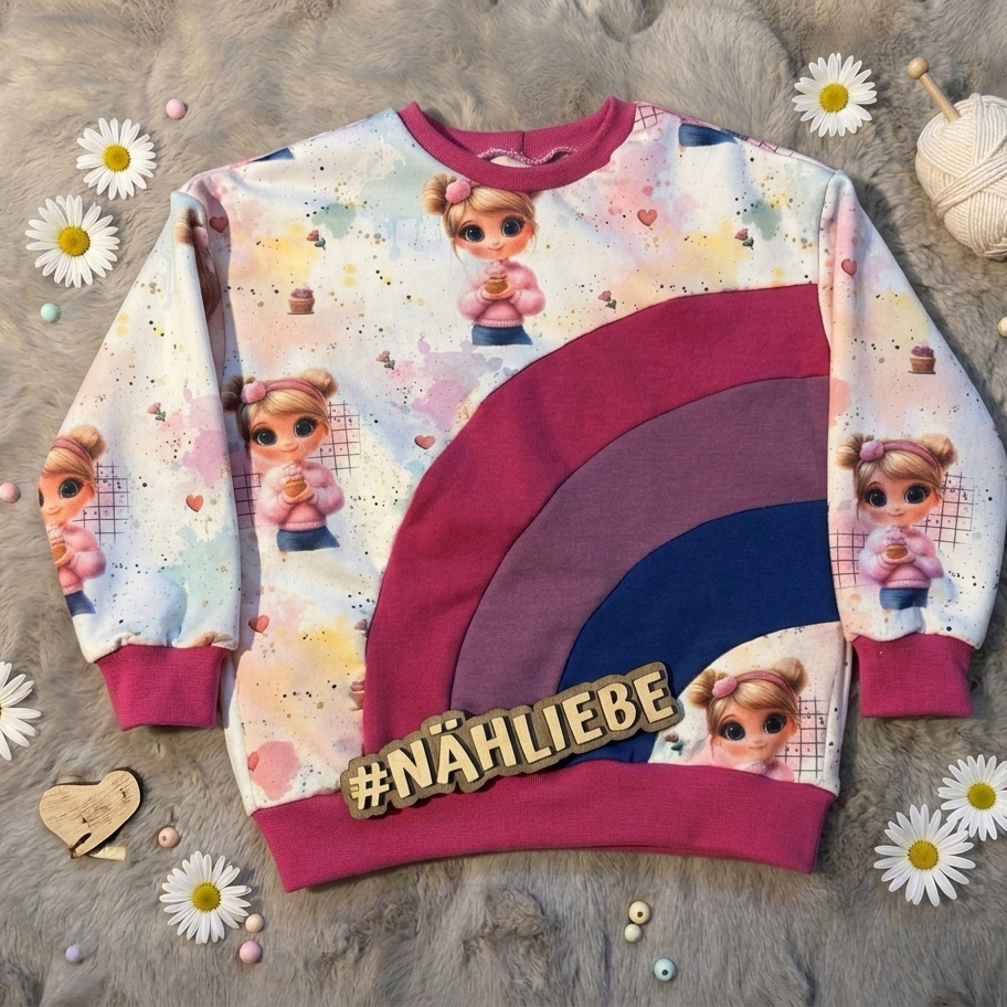 Handmade Pullover Regenbogen Cup Cake Girl – Pastellzauber mit Herz | Gr. 56–164