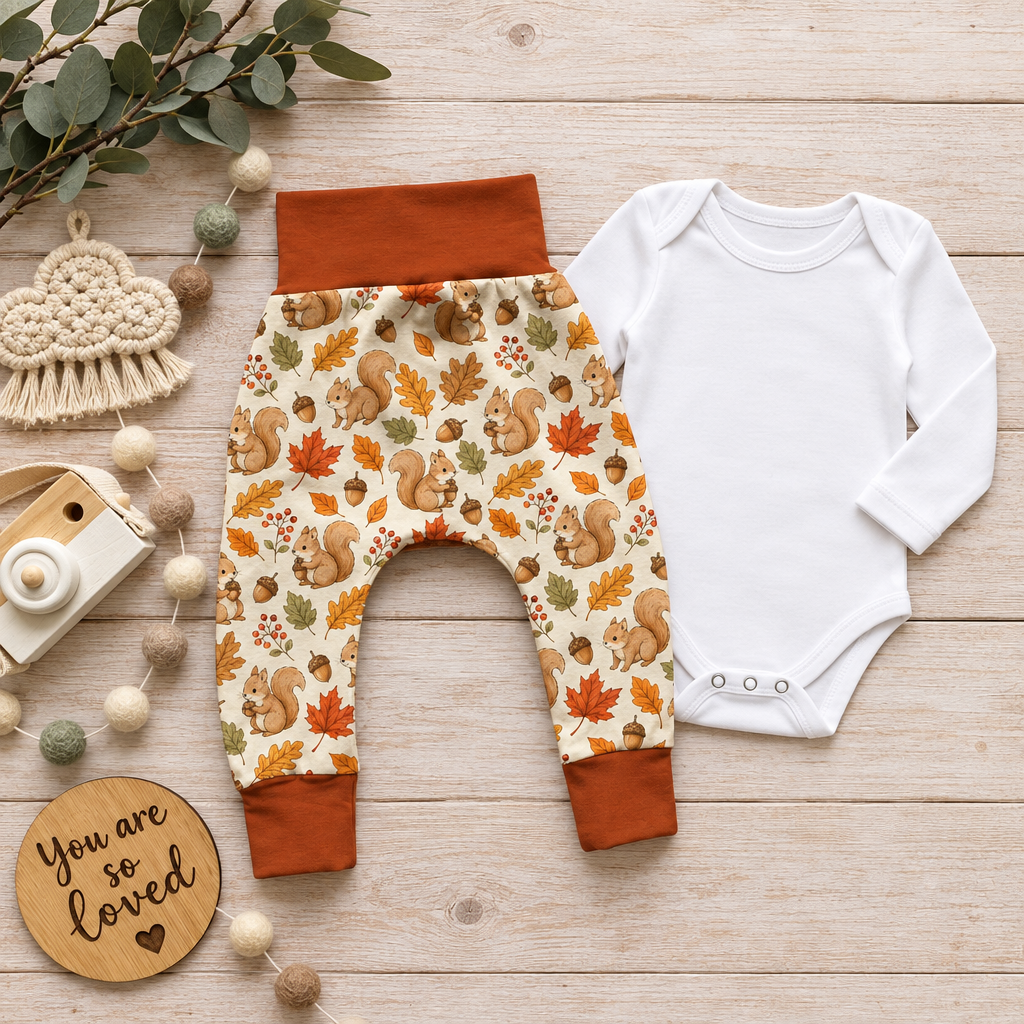 Autumn Squirrels Pumphose + Body Flatlay