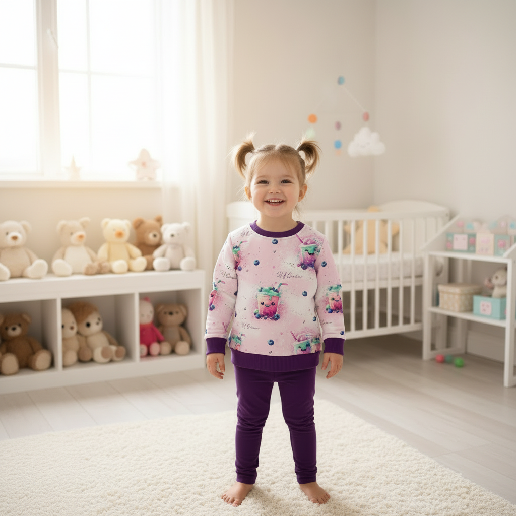 Bubble-Tea-Pullover mit lila Leggings 1:1