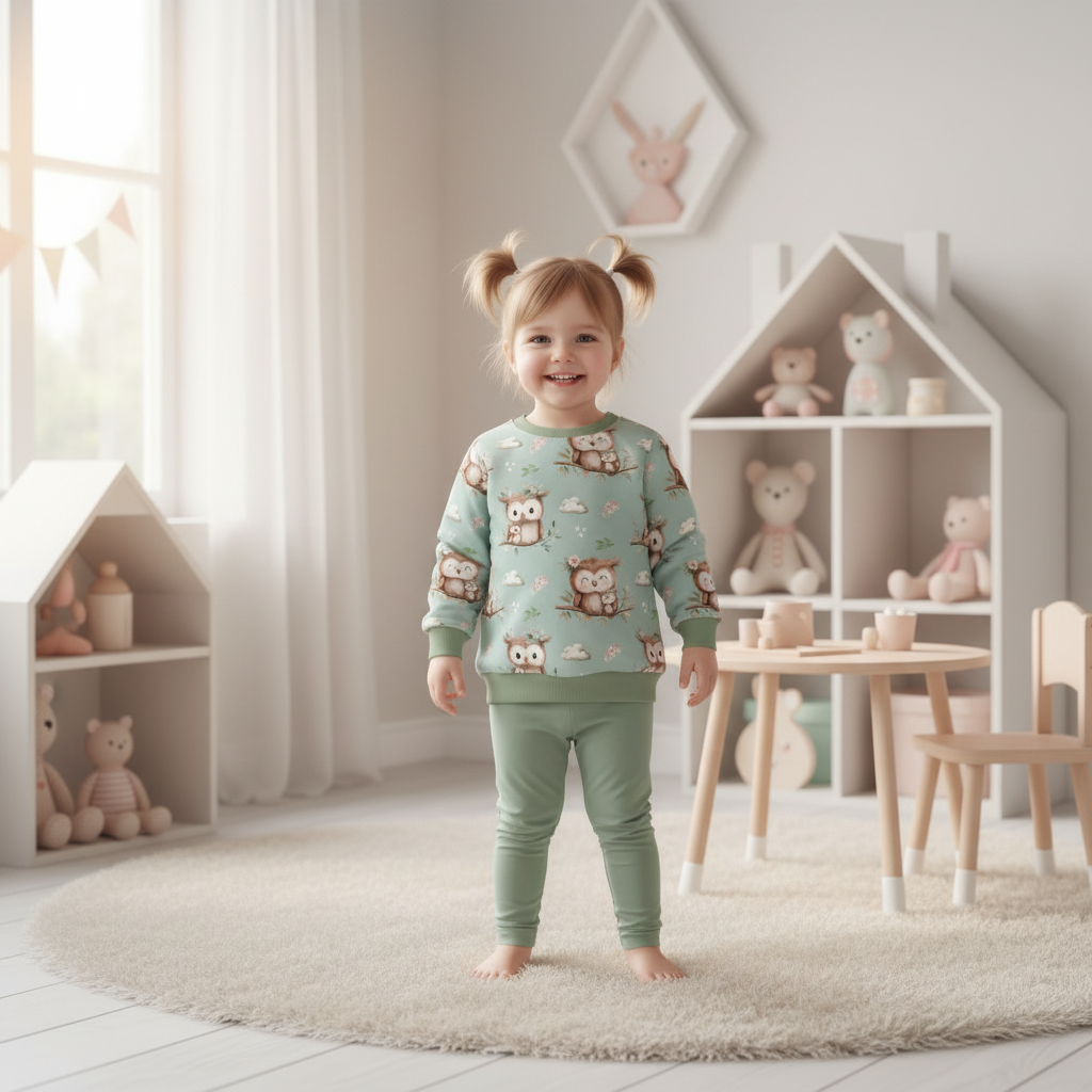 Eulen-Pullover Mädchen salbeigrüne Leggings 1:1