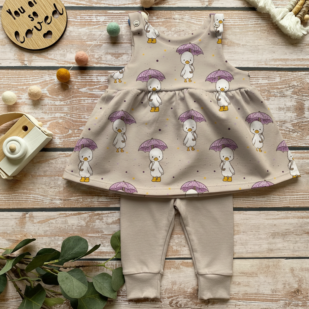 Flatlay Enten Latzkleid mit Leggins