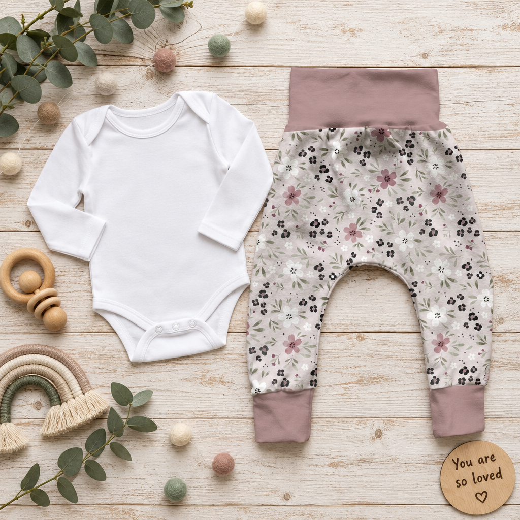 Flatlay Pumphose Streublümchen mit weißem Body