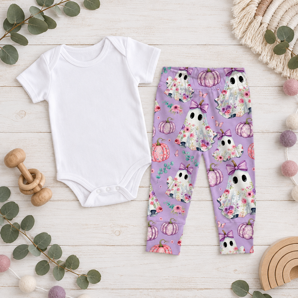 Leggings Blüten-Geister mit weißem Body Flatlay