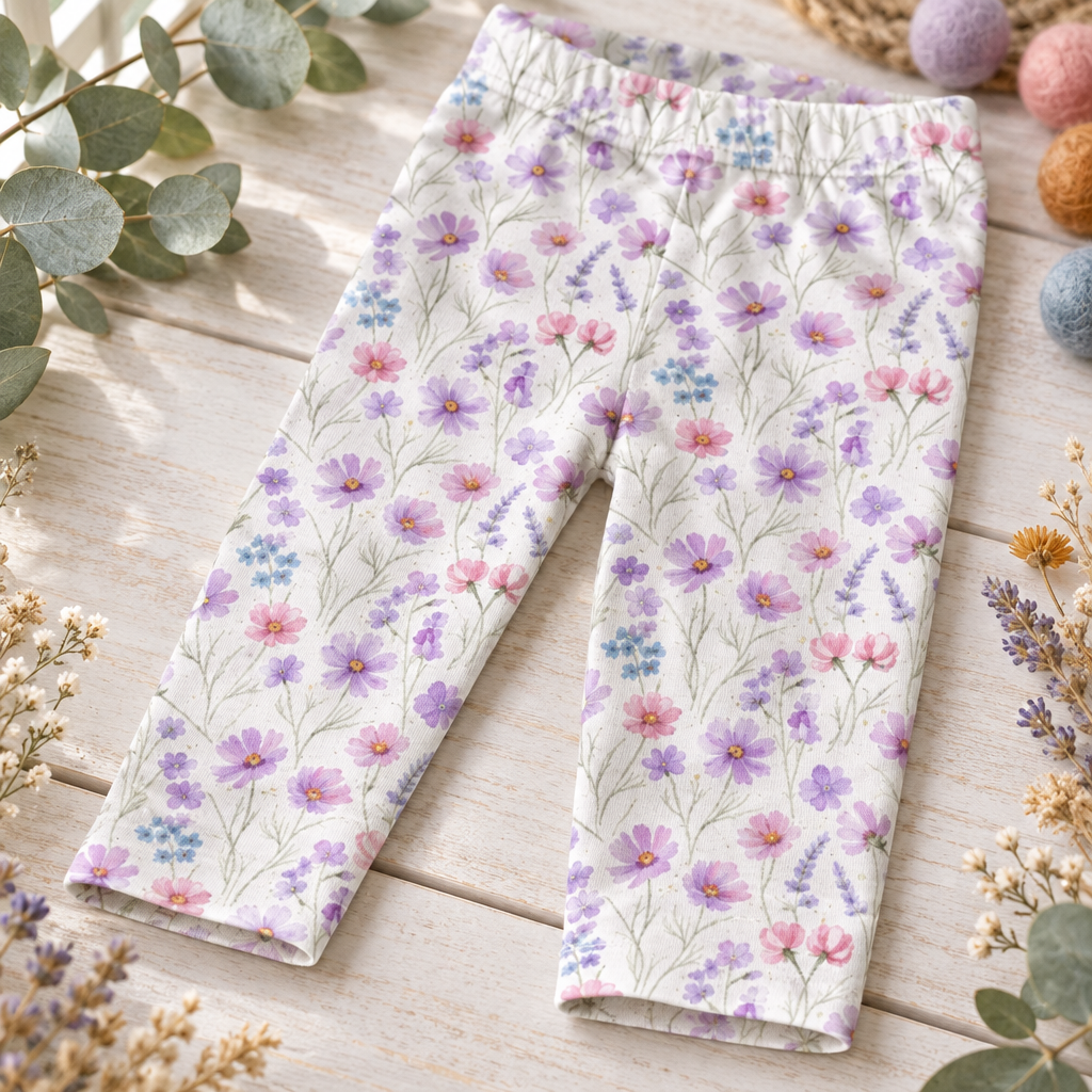 Detailaufnahme des bunten Blumenmotivs und des offenen Beinabschlusses der Leggings.