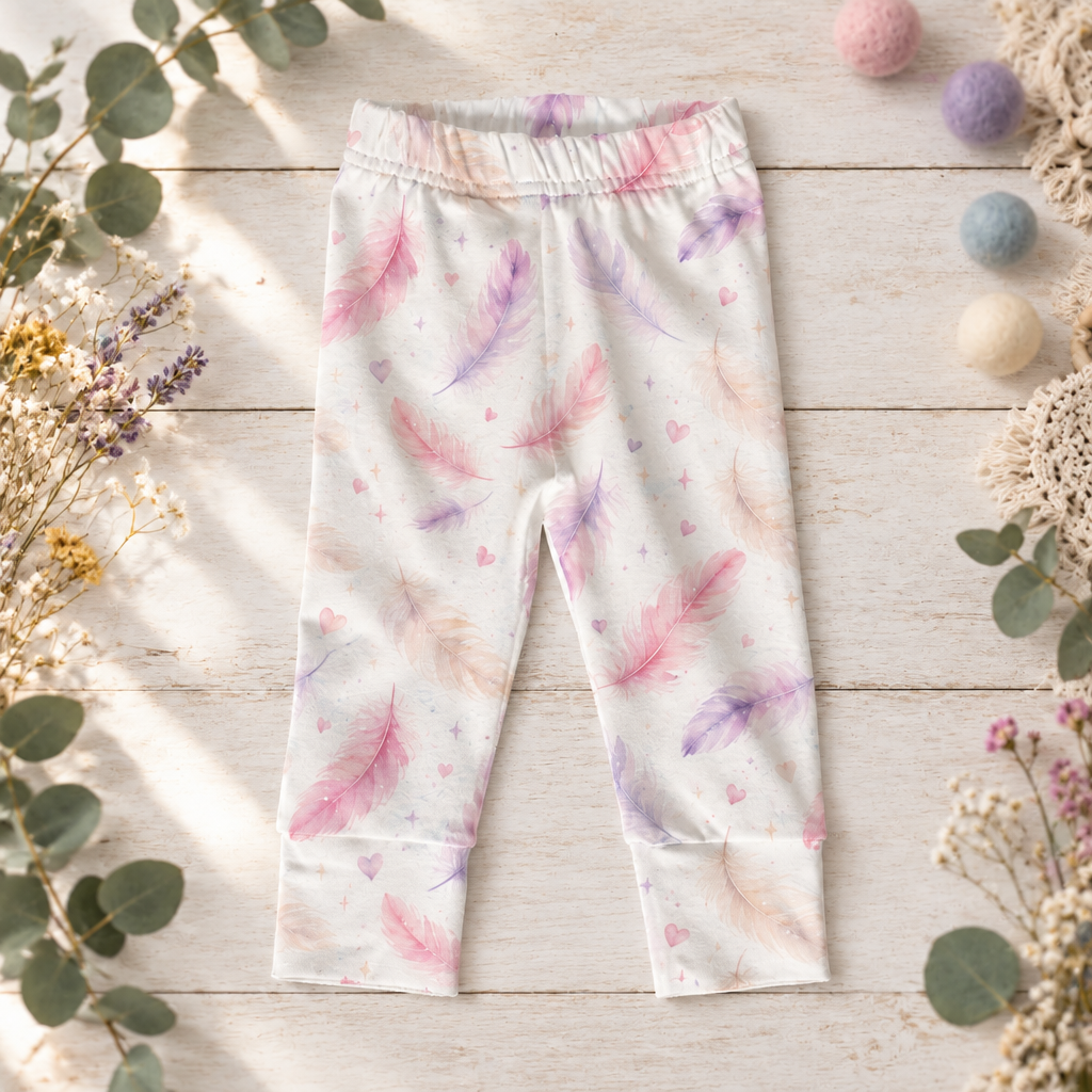 Detailaufnahme der pastelligen Federprints und des sauber gesäumten Beinabschlusses der Leggings.