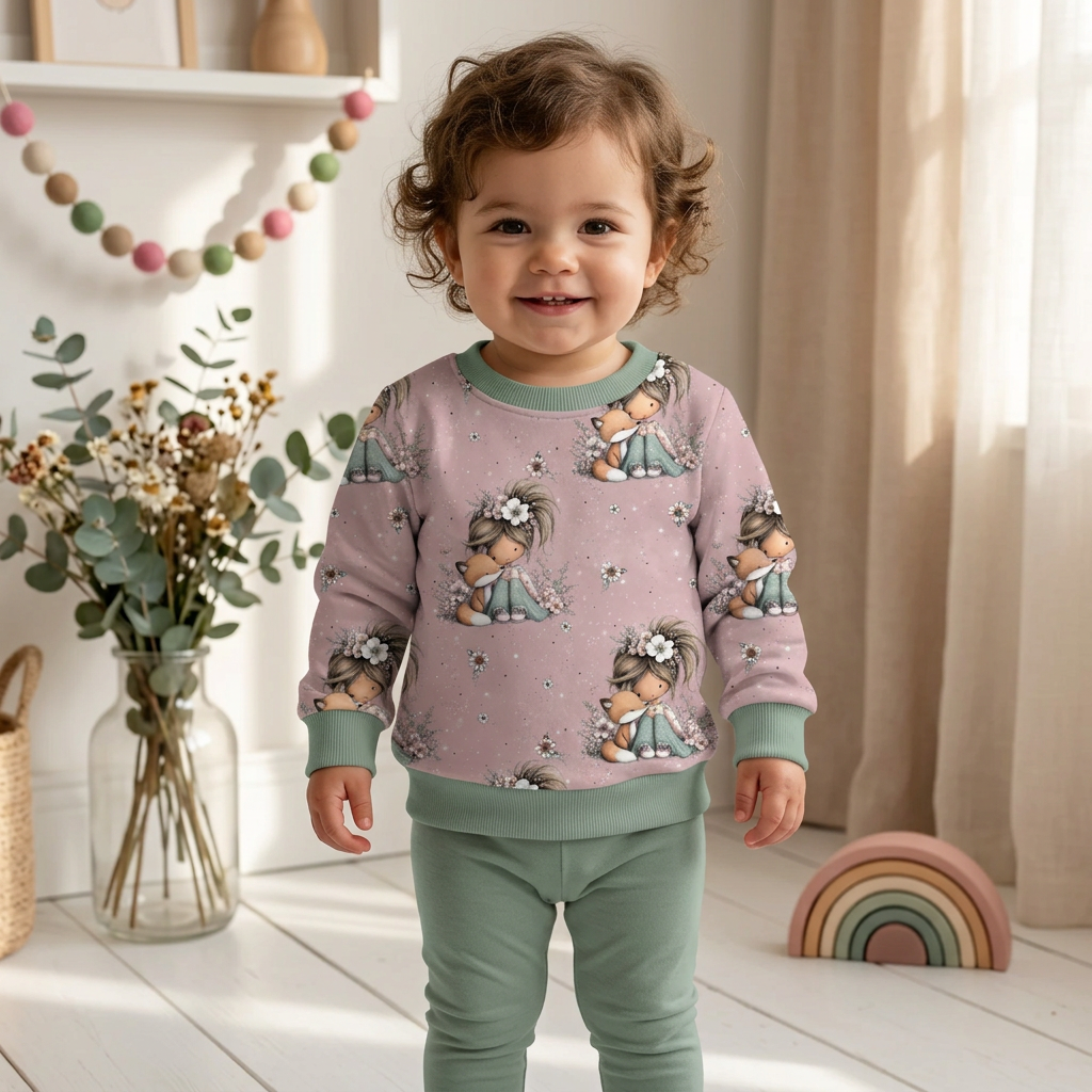Mädchen trägt den Pullover Mädchen und Fuchs mit salbeigrünen Bündchen im Boho-Hintergrund