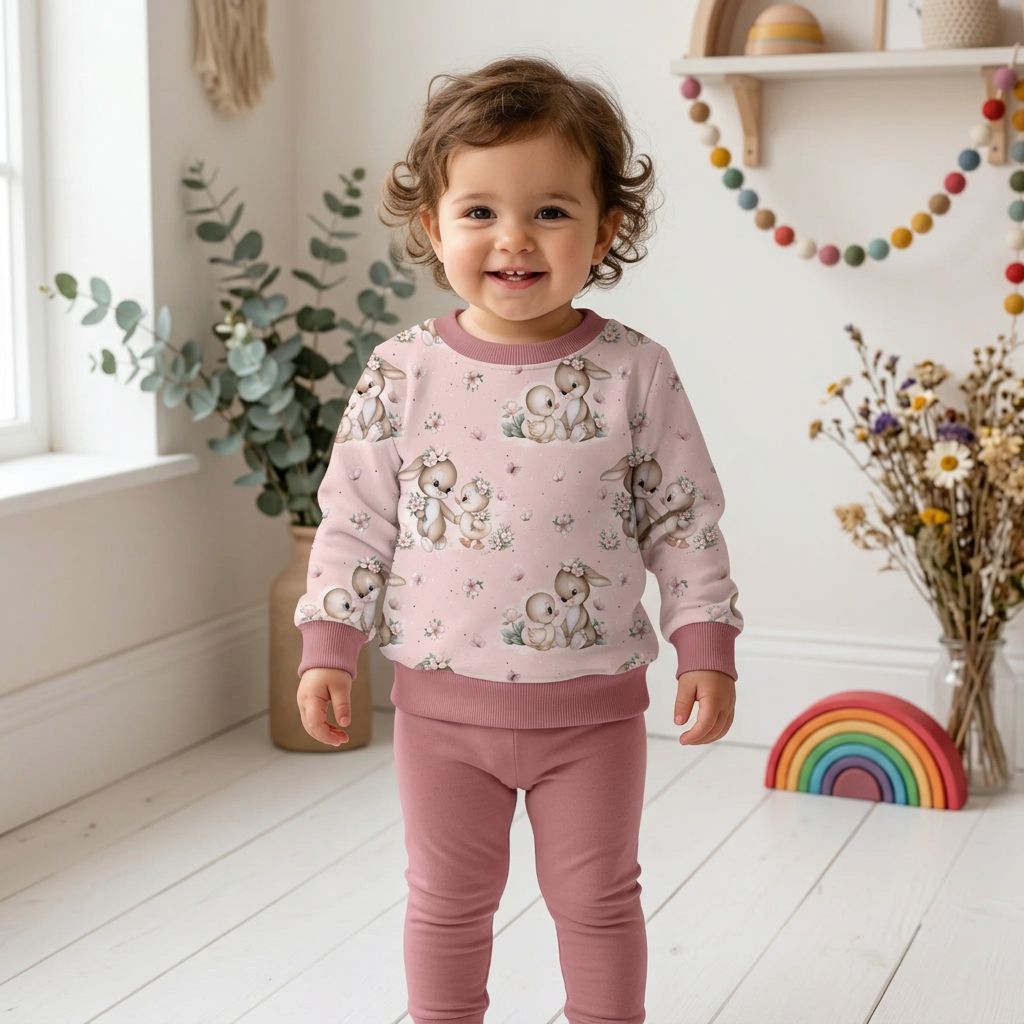 Mädchen trägt Häschen-und-Entchen-Pullover mit altrosa Bündchen im Boho-Hintergrund