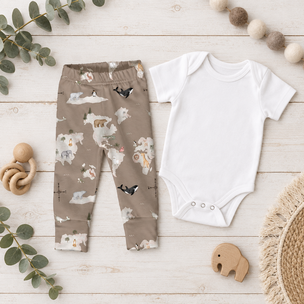 Leggings Kleine Weltentdecker mit weißem Body Flatlay