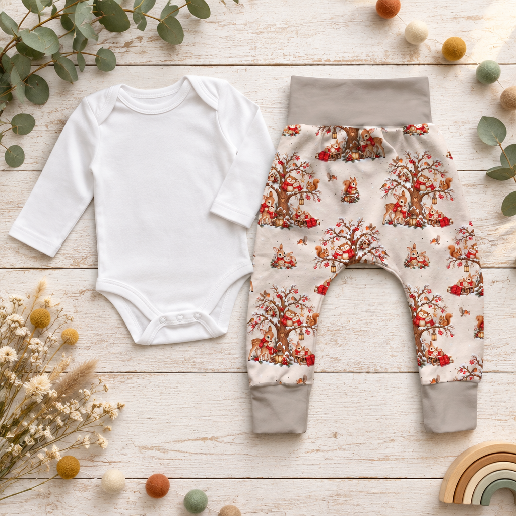 Waldtier-Pumphose als Flatlay mit weißem Body