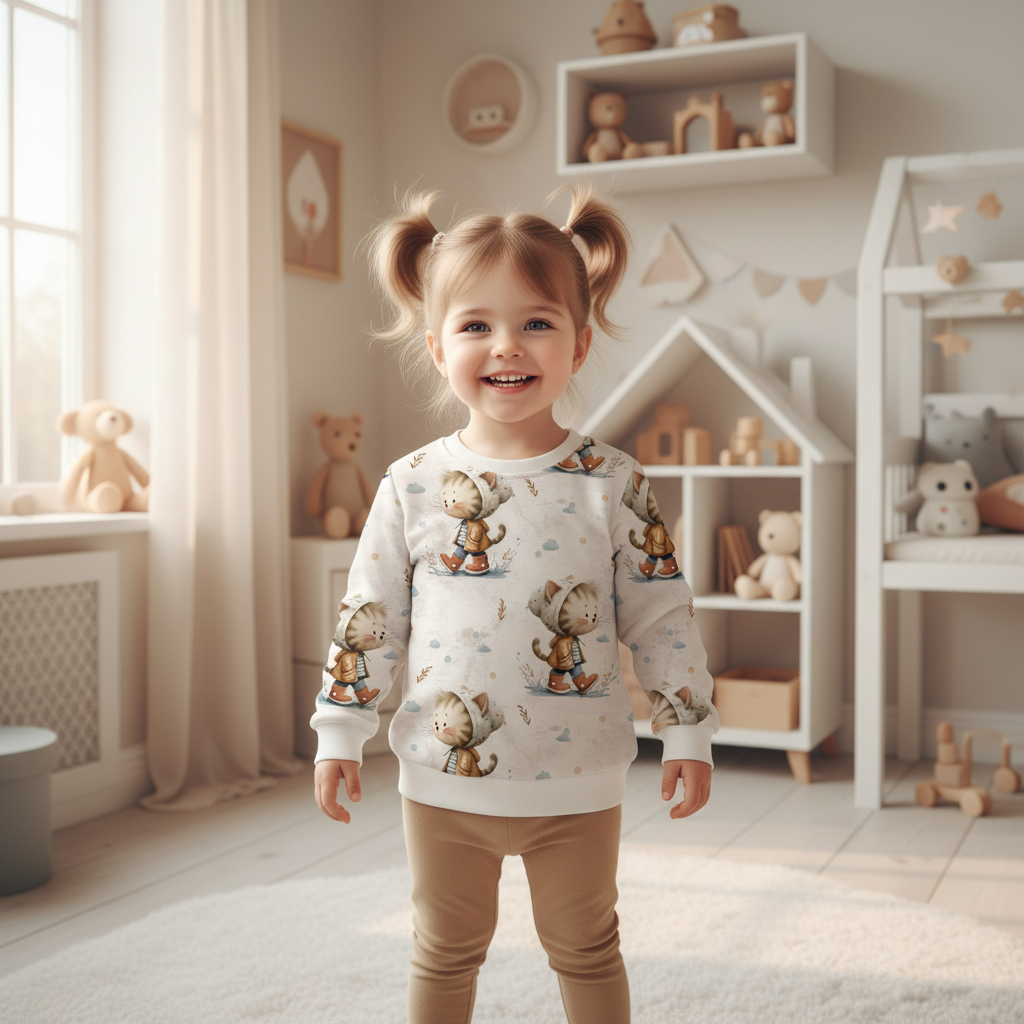 Abenteuer-Katze-Pullover Mädchen beige Leggings 1:1