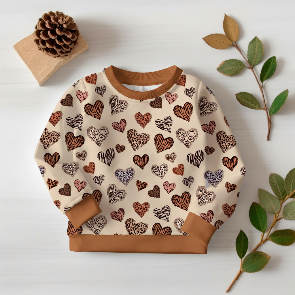 Animal-Print-Herzen-Pullover mit Cognac-Bündchen 1:1