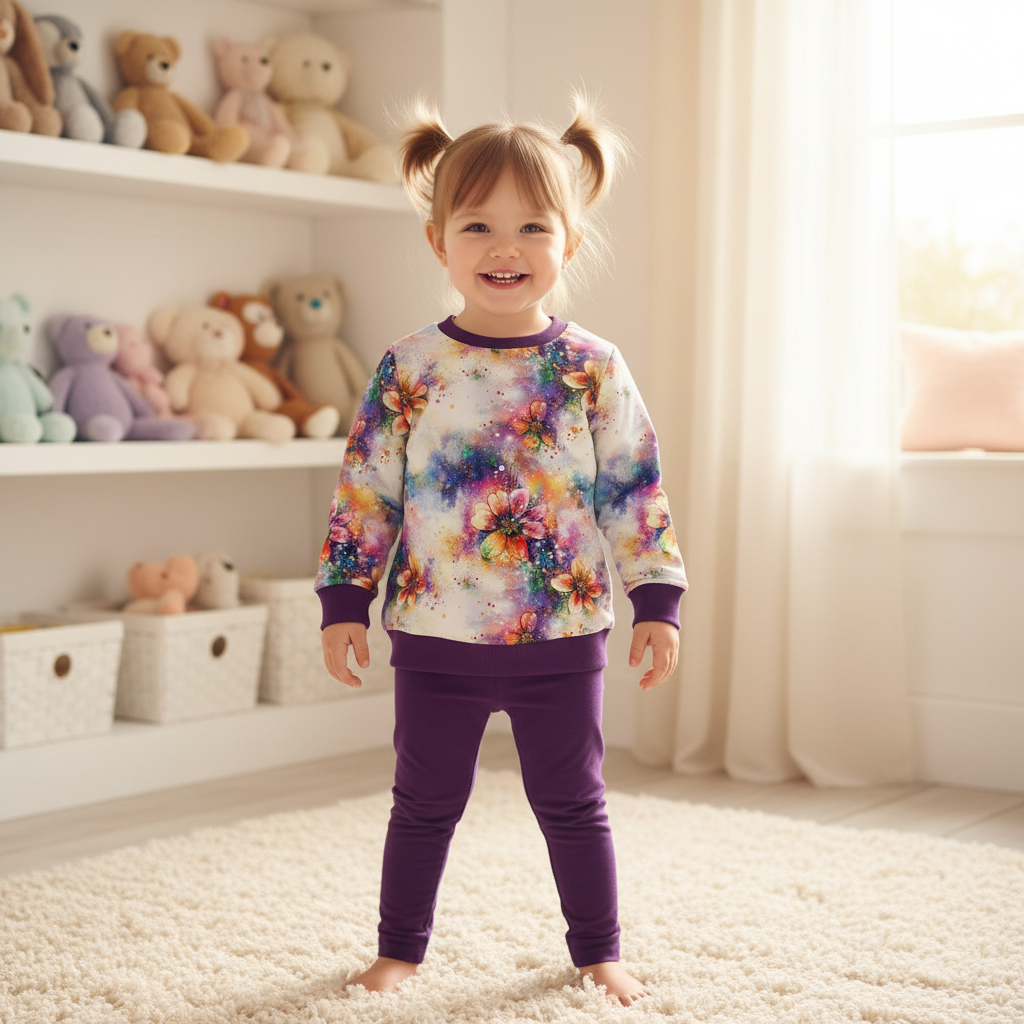 Aquarell-Blumen-Pullover Mädchen lila Leggings 1:1