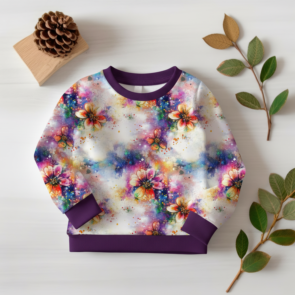 Aquarell-Blumen-Pullover mit lila Bündchen 1:1