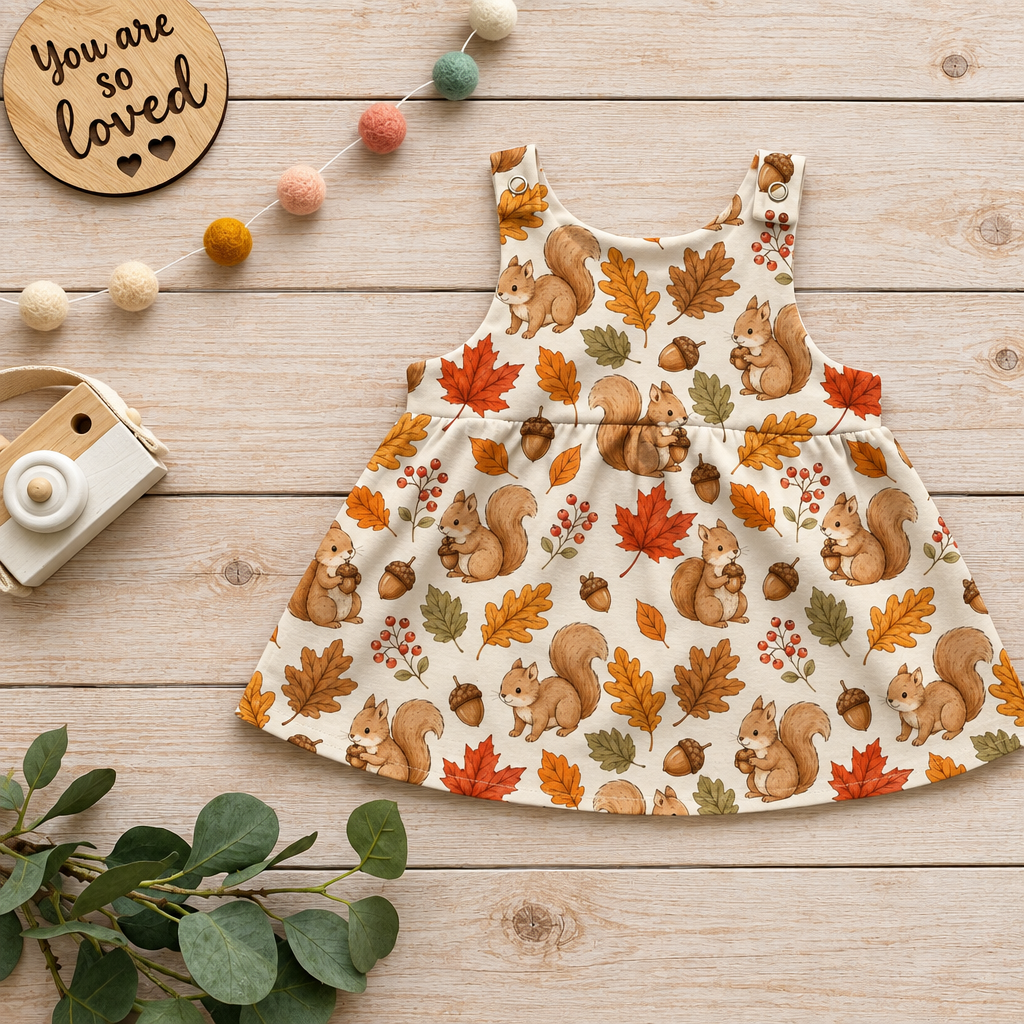Autumn Squirrel Latzkleid Flatlay