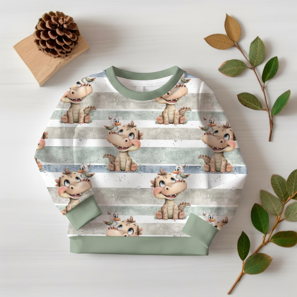 Baby-Drachen-Pullover mit salbeigrünen Bündchen 1:1