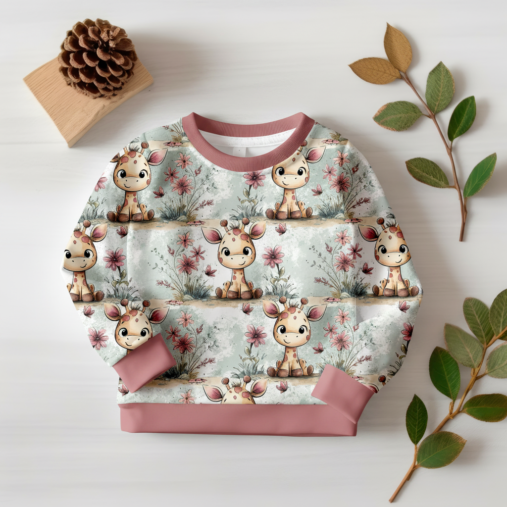 Baby-Giraffen-Pullover mit Altrosa-Bündchen 1:1