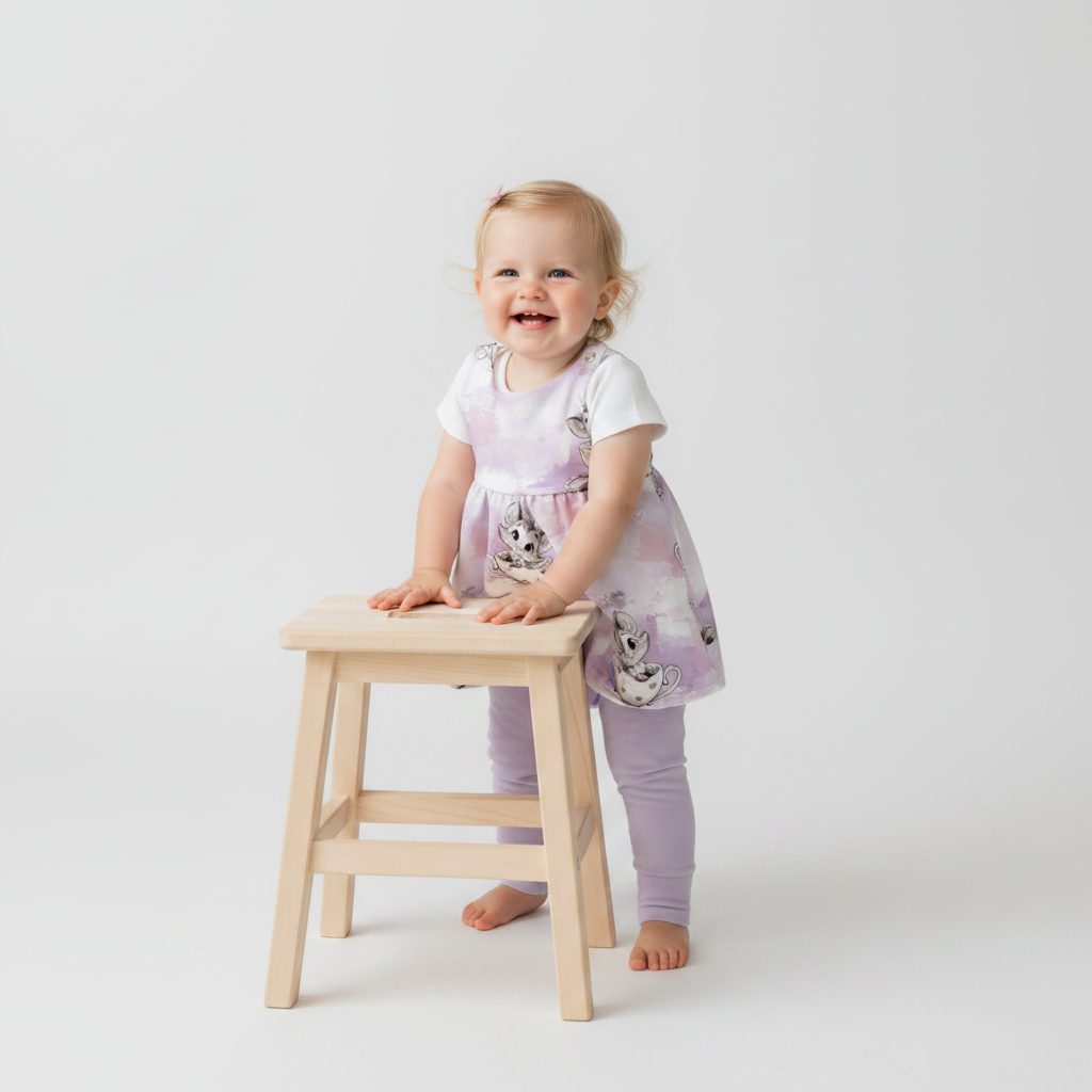 Baby Kätzchen im Täßchen mit lila Leggins