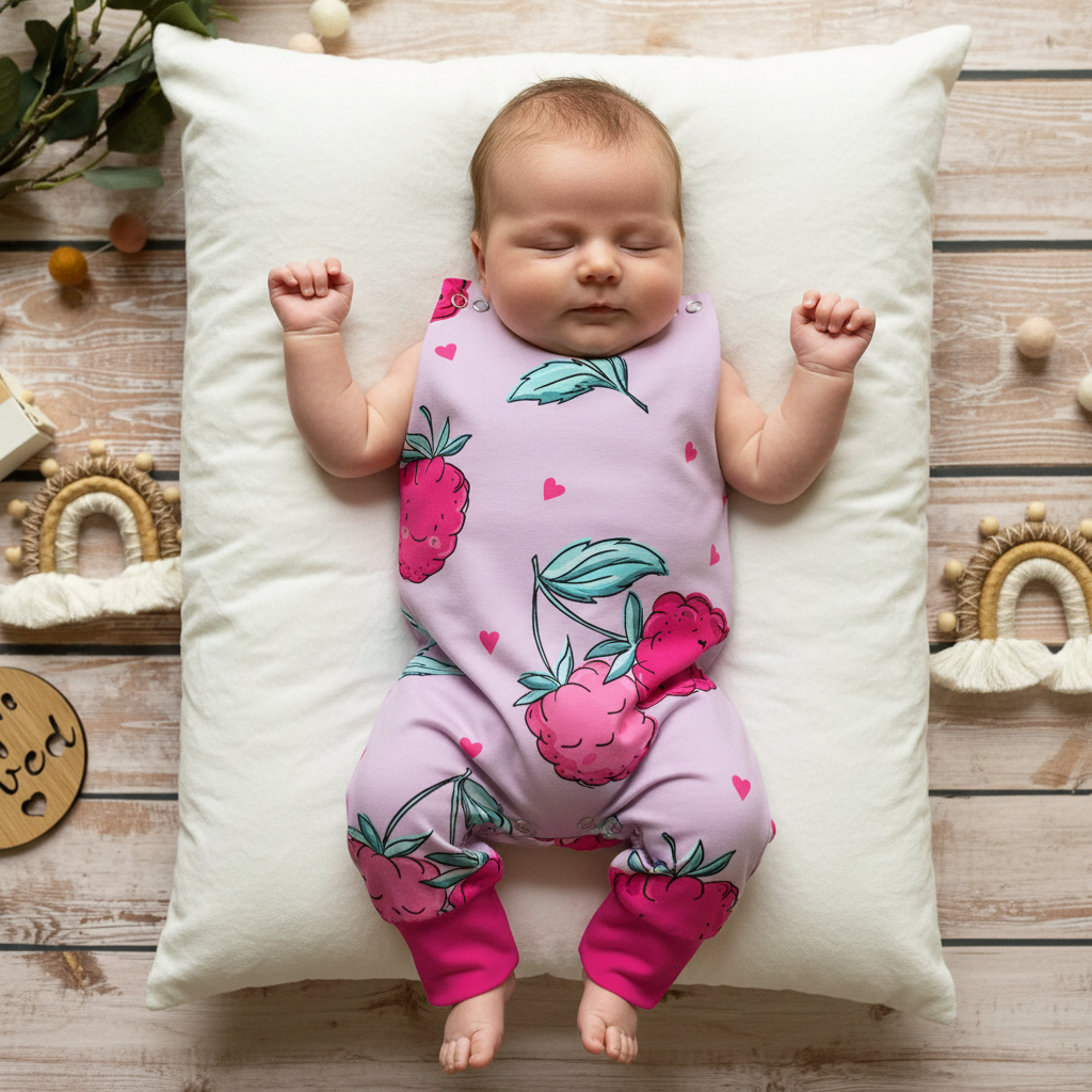Baby liegend Himbeer-Strampler