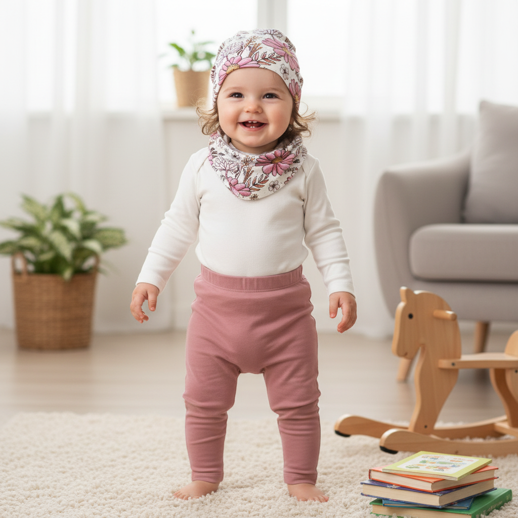 Baby Mädchen mit Blumen-Mütze, Loop und altrosa Hose