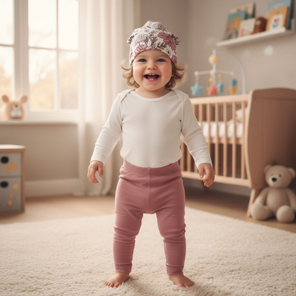 Baby Mädchen mit Blumen-Mütze und altrosa Hose