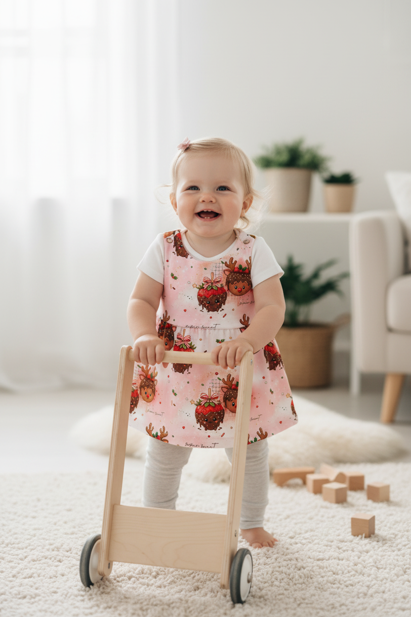 Baby mit Kleid und neutraler Leggings