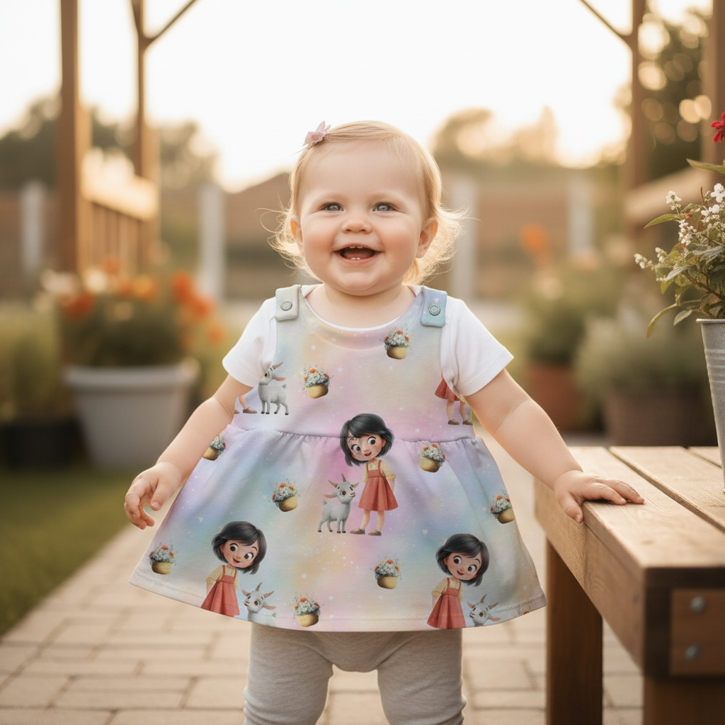 Baby mit Kleid und neutraler Leggins