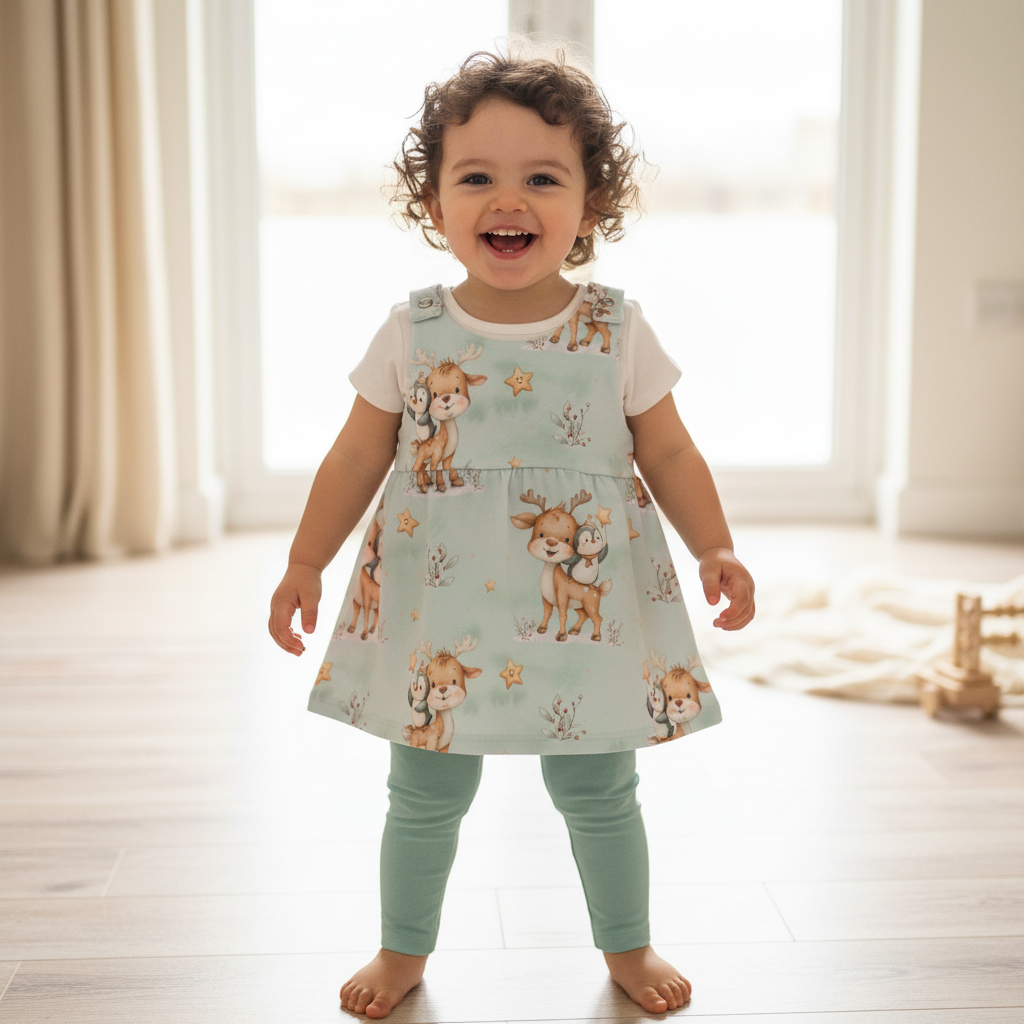 Baby mit Latzkleid Reh und Pinguin