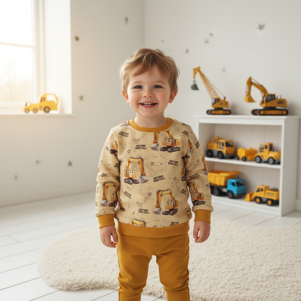 Bagger-Baustelle-Pullover Junge gelbe Hose 1:1