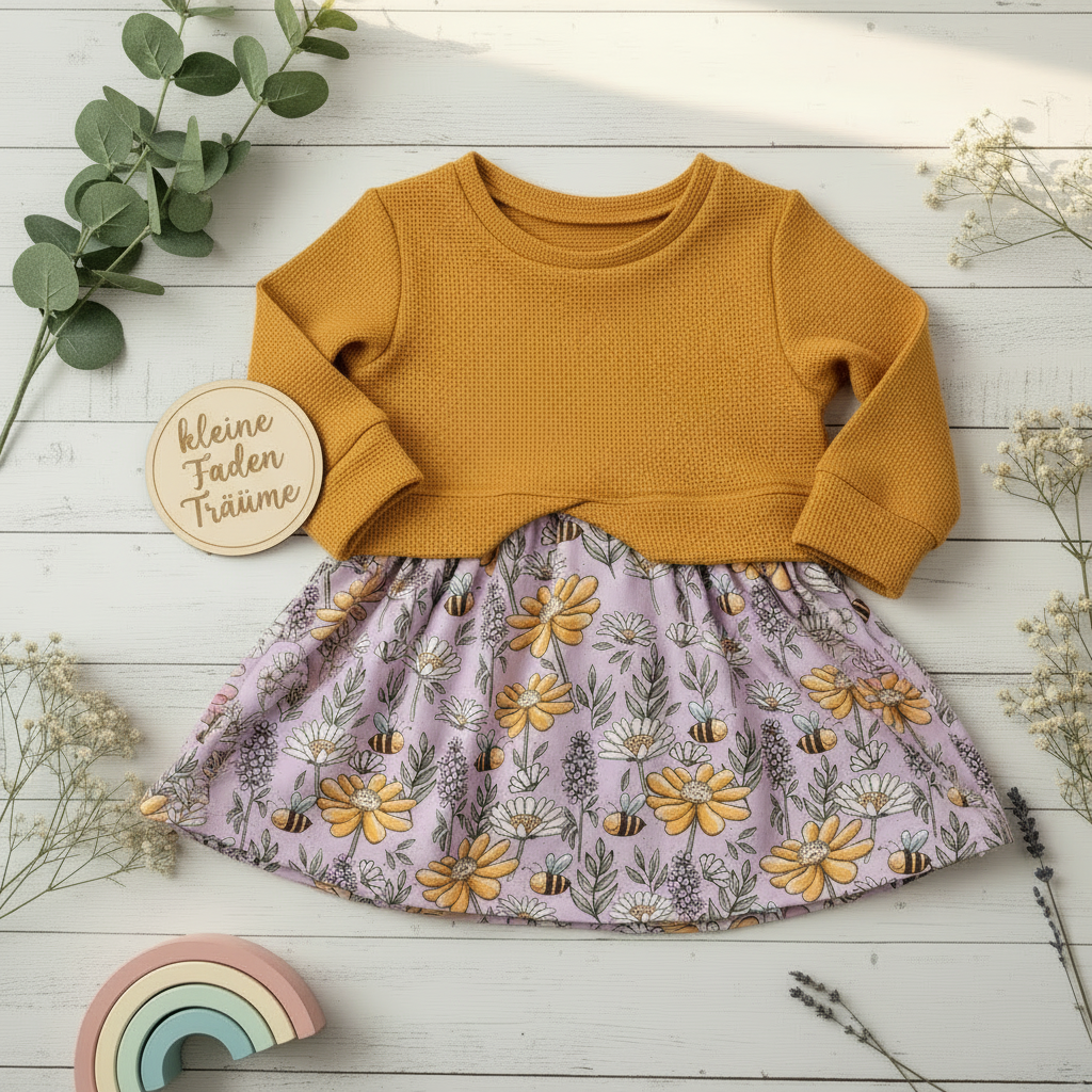 Bienen Wildblumen Kleid senfgelb Flatlay