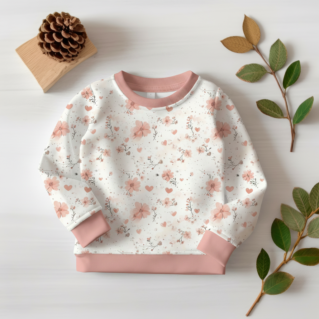 Blümchen-Herzchen-Pullover mit Altrosa-Bündchen 1:1