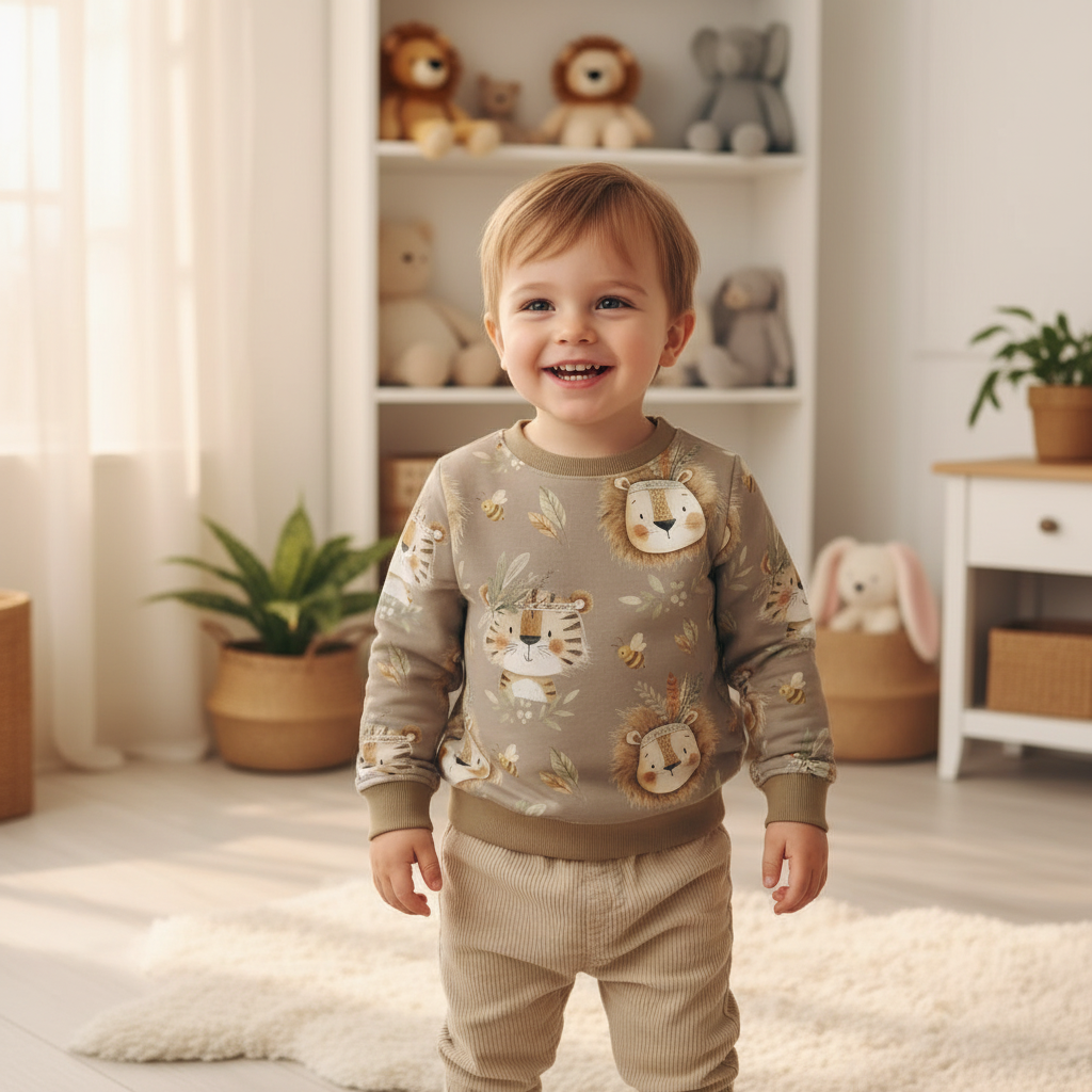 Boho-Löwe-Tiger-Pullover Junge taupe 1:1