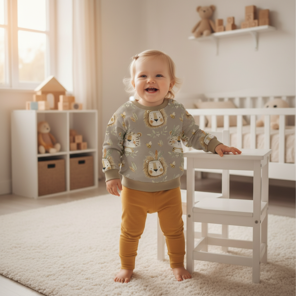 Boho-Löwe-Tiger-Pullover Mädchen taupe 1:1