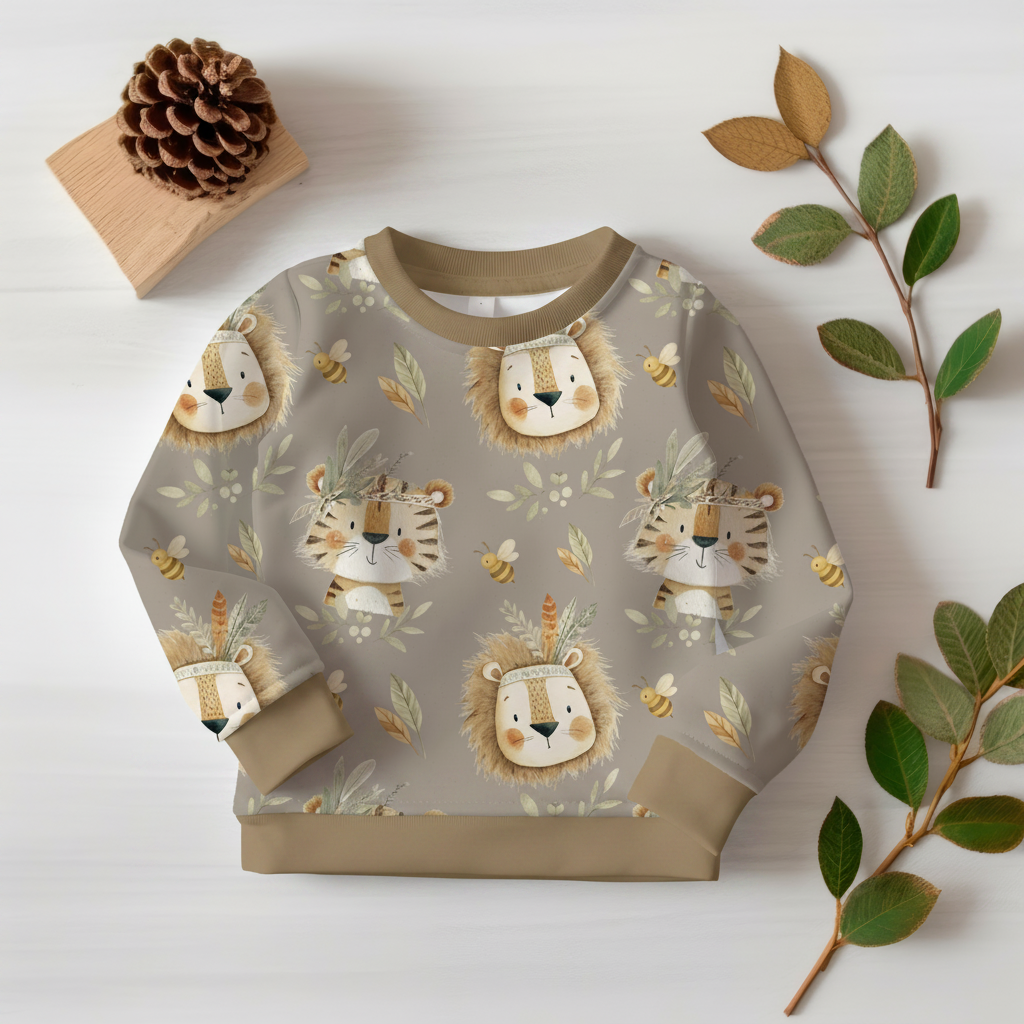 Boho-Löwe-Tiger-Pullover mit Taupe-Bündchen 1:1