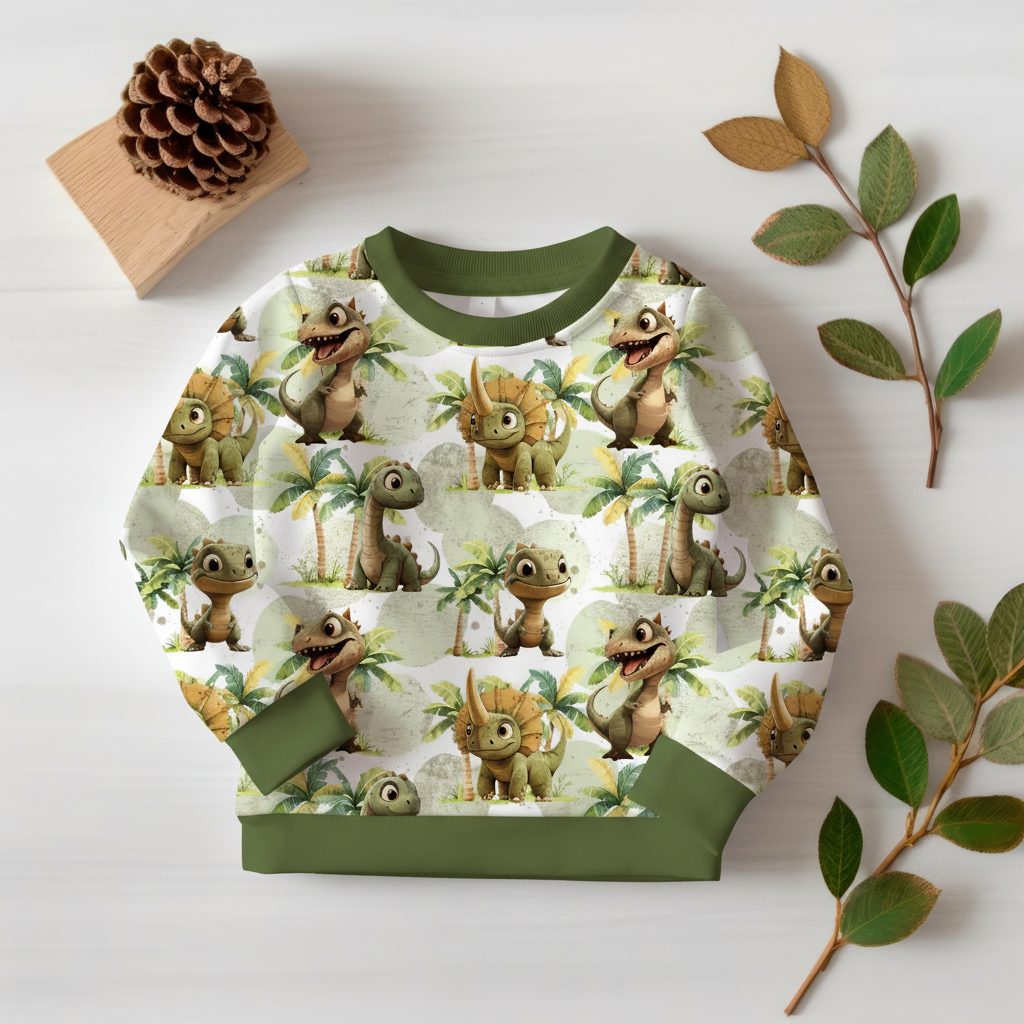 Dino-Pullover mit olivgrünen Bündchen 1:1