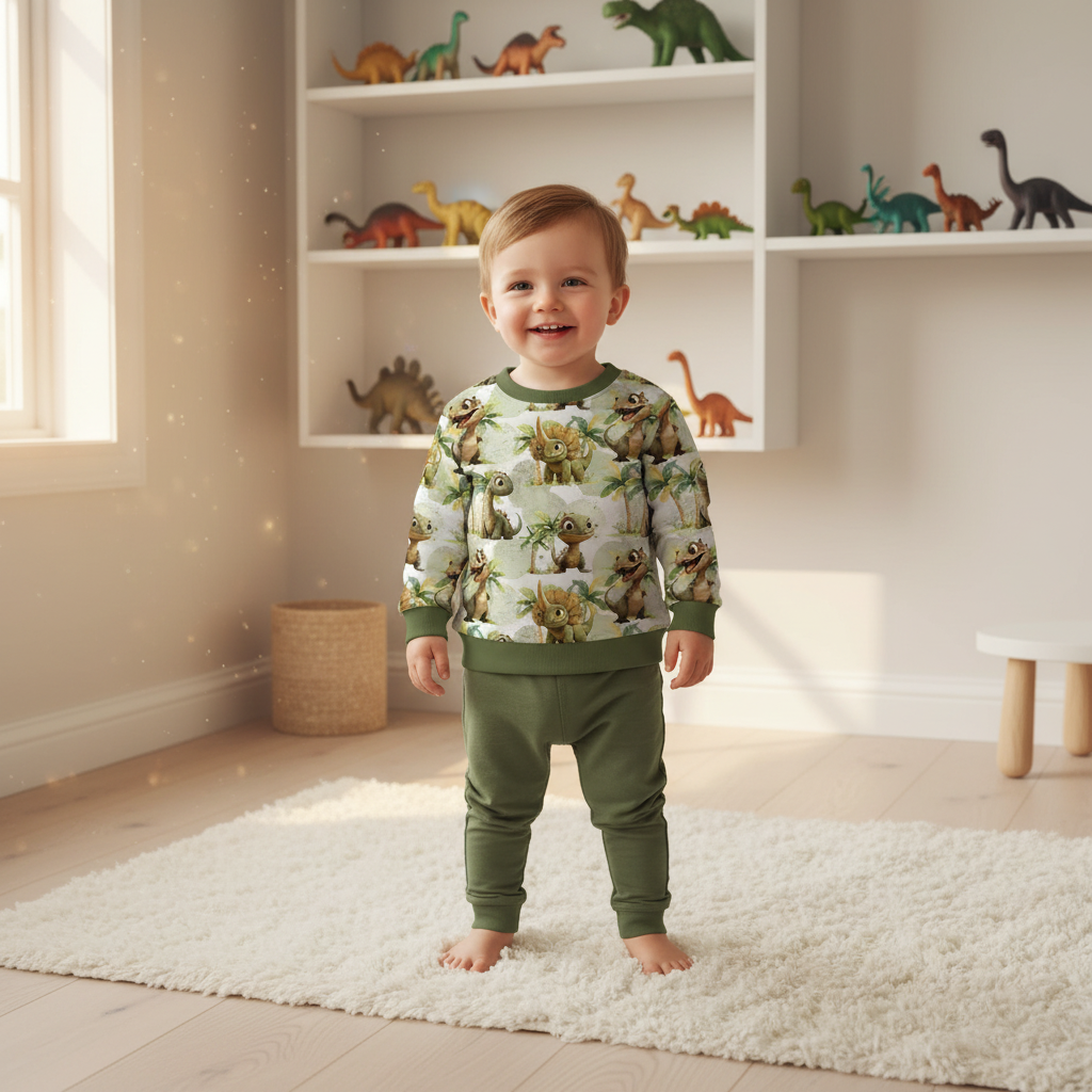 Dino-Welt-Pullover Junge olivgrüne Hose 1:1