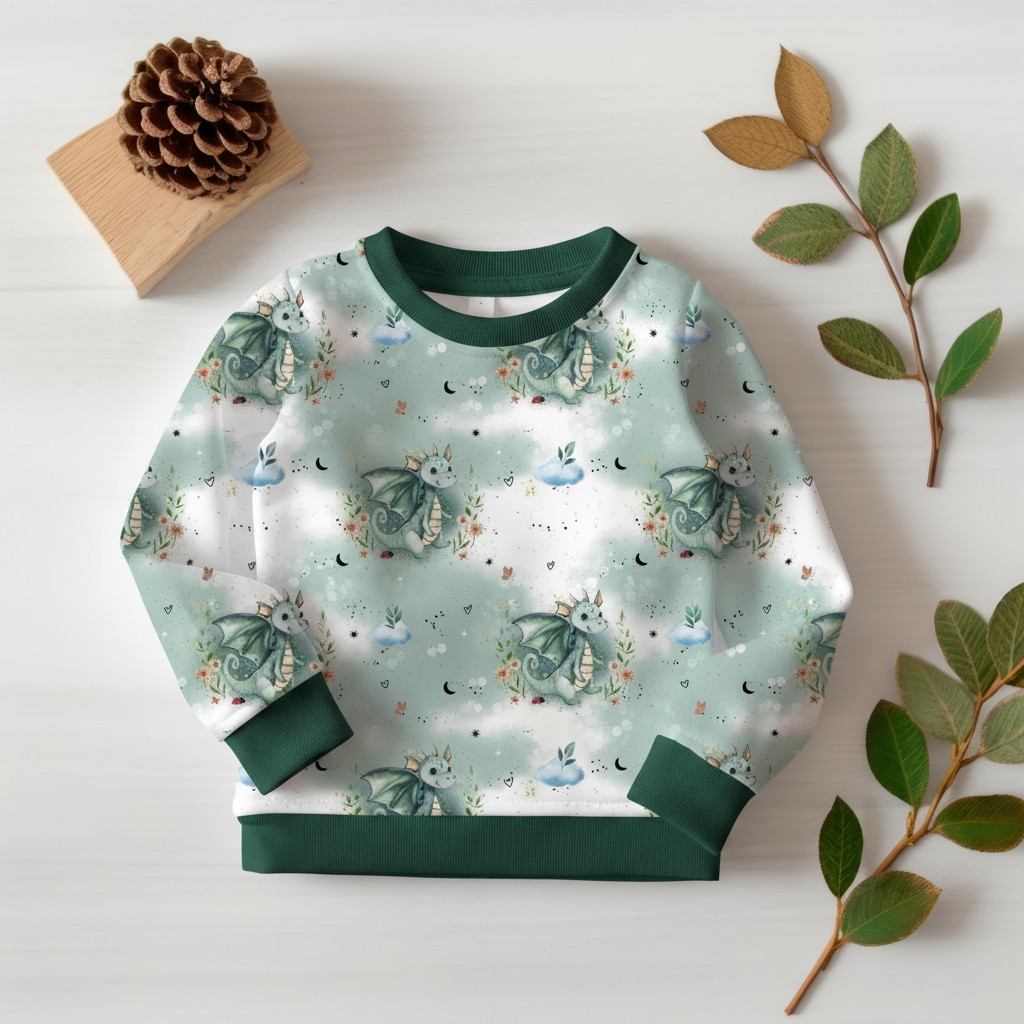 Drachen-Pullover mit waldgrünen Bündchen 1:1