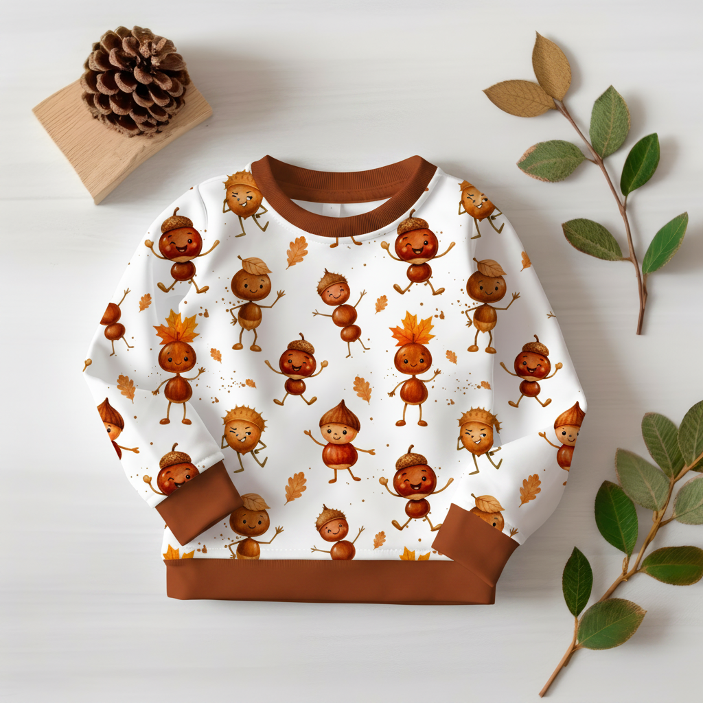 Eichelmännchen-Pullover mit kastanienbraunen Bündchen 1:1