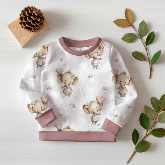 Elefanten-Mädchen-Pullover mit Altrosa-Bündchen 1:1