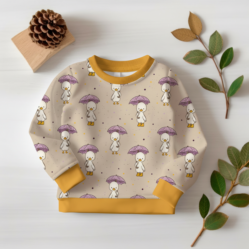 Enten Pullover Flatlay - Gelbe Bündchen