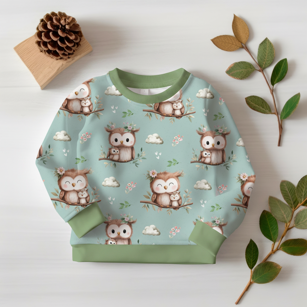 Eulen-Pullover mit mintgrünen Bündchen 1:1