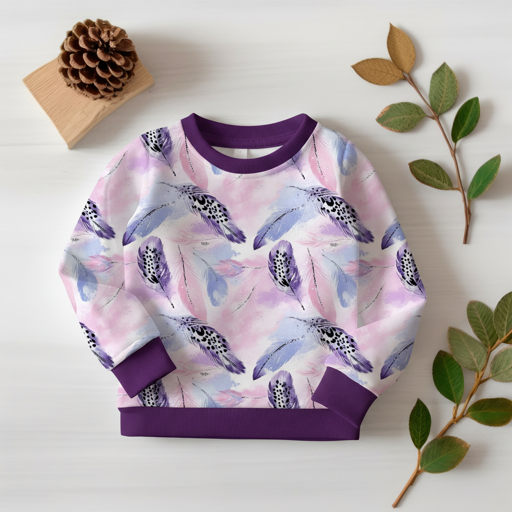 Feder-Pullover mit lila Bündchen 1:1