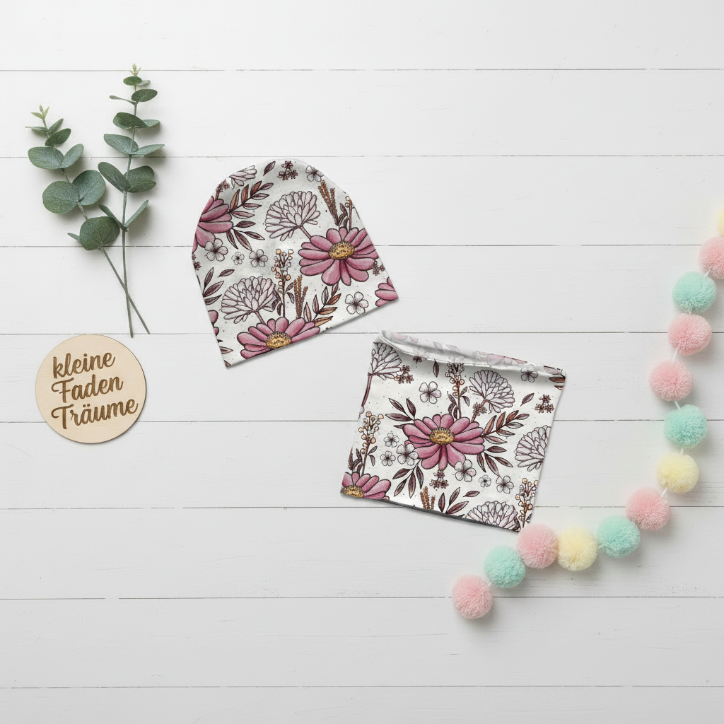 Flatlay Blumen-Mütze & Loop – Kleine Faden Träume Stil