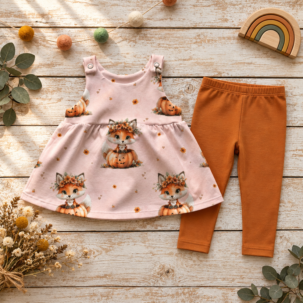 Flatlay des Fuchs-Kürbis-Latzkleids mit Leggings