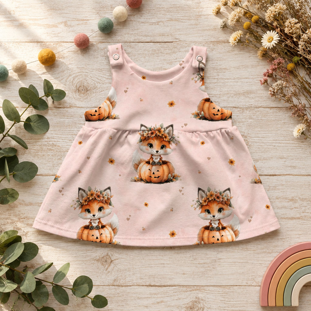 Flatlay des Fuchs-Kürbis-Latzkleids