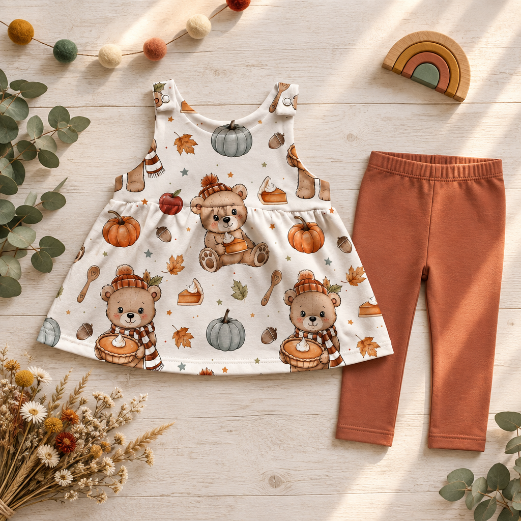 Flatlay des Herbstbär-Latzkleids mit Leggings