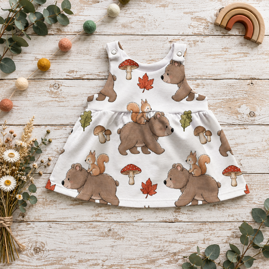 Flatlay des Latzkleids mit Bären und Eichhörnchen