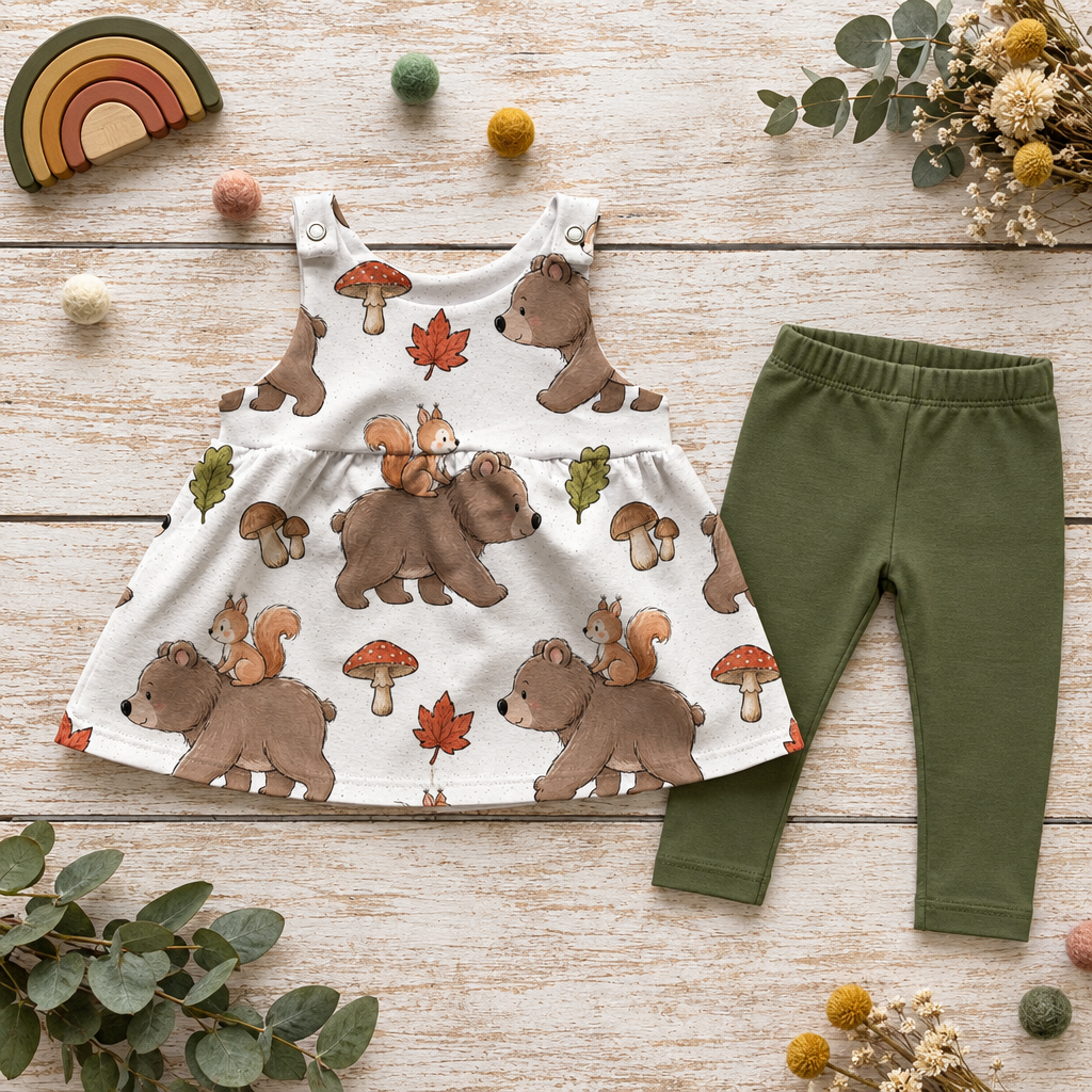 Flatlay des Waldkleids mit passender Leggings