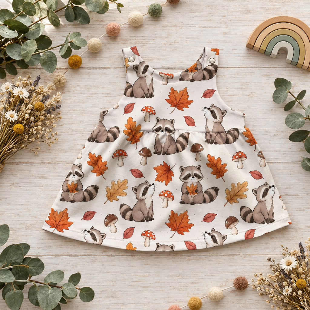 Flatlay des Waschbär-Latzkleids