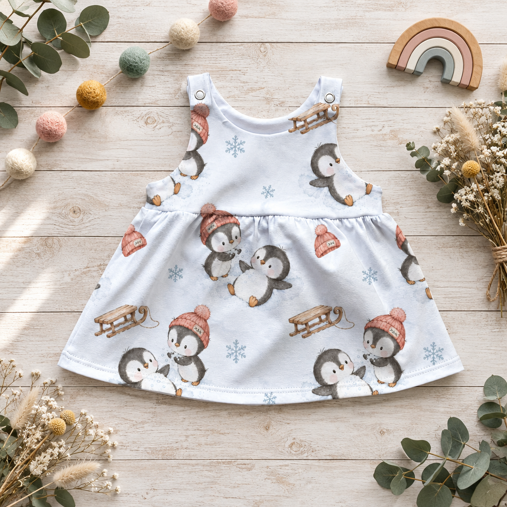 Flatlay des Winterpinguin-Latzkleids