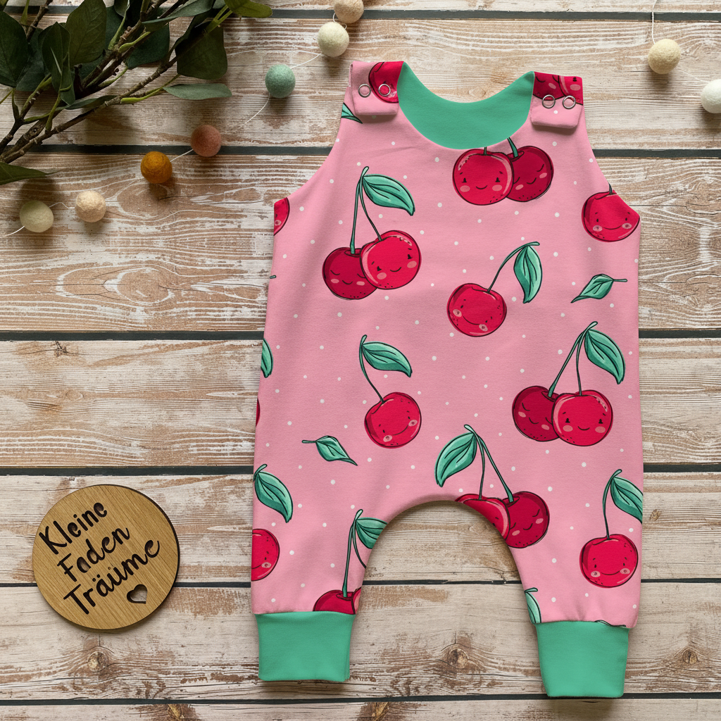 Flatlay Kirsch-Strampler mit Kleine Faden Träume Schild